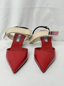 Prada Red Color block Pattern Leather Pointed-Toe Slingback Pumps Size 36 - Picture 1 of 11