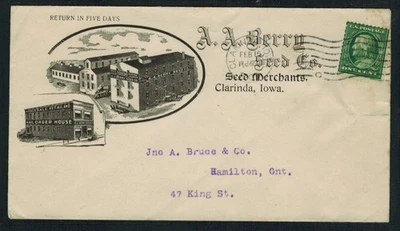 USA 1909 1¢ A.A. Berry Seed Merchants Advertising Cover Clarinda Iowa - Image 1 of 2