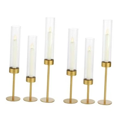 Glass Hurricane Candle Holders Set (pcs)-Gold Metal Base Taper Candle Stick 6 - Image 1 of 4