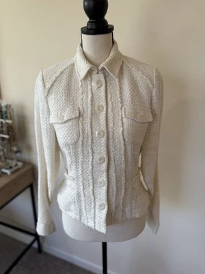 Etcetera Boutique Designer White Cream Tweed Fringe Button Blazer Jacket 4 - Image 1 of 4