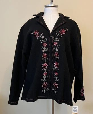 NEW Alfred Dunner Size 3X Boiled Wool Jacket Black Embroidered Floral Full Zip - Image 1 of 4