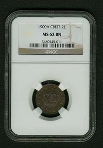 CRETE (GREECE) KINGDOM 1900-A 2 LEPTA COIN, CERTIFIED NGC MS62-BN - Picture 1 of 4