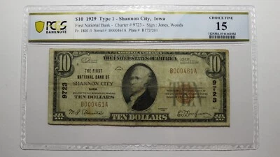 $10 1929 Shannon City Iowa IA National Currency Bank Note Bill Ch #9723 F15 PCGS - Image 1 of 4