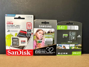 Lot of 3 - San Disk 32GB + Samsung MicroSDHC + PNY 64GB MicroSDXC w/ Adapters - Picture 1 of 4