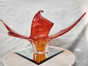 Vintage Chalet Lorraine Two Tone Orange 8 Point Art Glass Centerpiece Stickered - Picture 1 of 12