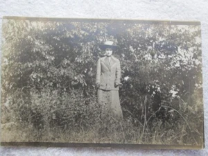 Antique Pretty Woman Posing In Field, Large Hat Real Photo Postcard - Picture 1 of 3