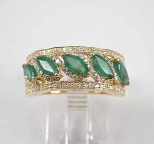 Marquise Cut Simulated Green Emerald Fancy Band Ring In 14k Yellow Gold Plated - Picture 1 of 6