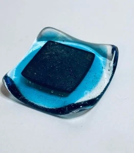 Blue Glass Trinket Dish Small Square Shaped Handmade Vintage Collectable - Picture 1 of 7