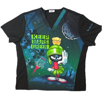 Y2K Looney Tunes Marvin The Martian Scrub Top Unisex Size XL All Over Print - Image 1 of 4