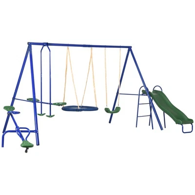 Outsunny Metal Swing Set for Kids with Double Swings Slide Seesaw Glider - Image 1 of 4