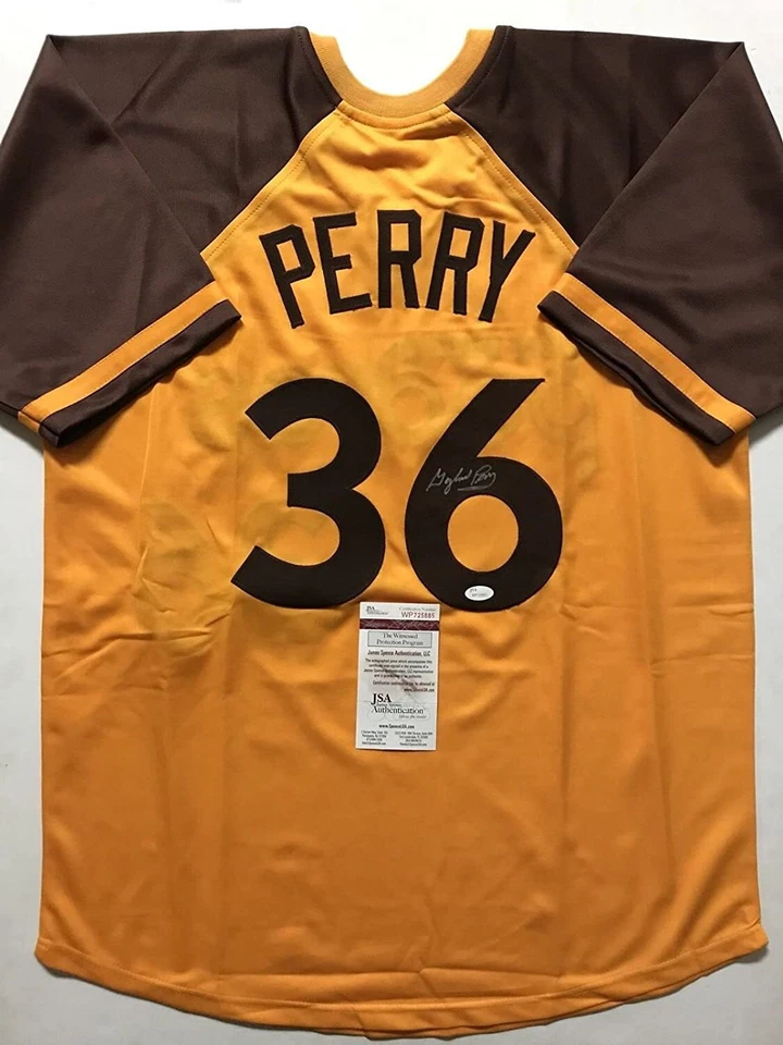 Autographed/Signed GAYLORD PERRY San Diego Yellow Baseball Jersey JSA COA Auto - Image 1 of 3