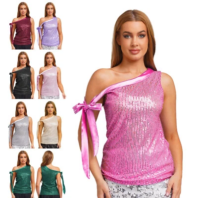 UK Women Glitter Sequin Tank Top Sleeveless Irregular Shoulder T-shirt Cocktail - Image 1 of 4