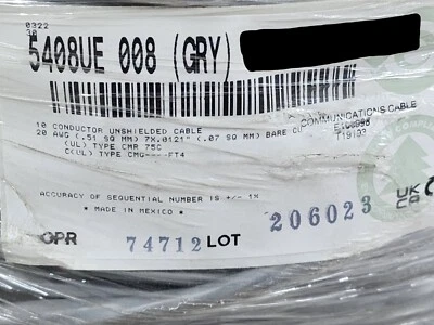 Belden Wire 5408UE 20/10C Commercial Audio/Security/Alarm Cable Riser Gray /50ft - Image 1 of 4