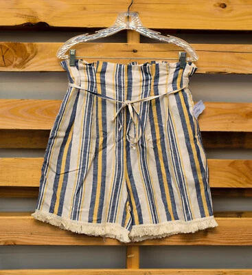 Donna L'oren Mostaza Azul Marino Beige Rayas Reunidas Bolsa de Papel Atada Pantalones Cortos Talla S Foto 1 de 3