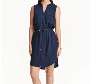 H&M Navy Blue Utility Shirt Dress Short Sleeve Office/Party/Casual Size 8 Medium - Picture 1 of 7
