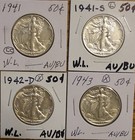 Walking Liberty Half Dollars - 4 Coins -1941,41S,42D,43 Au/Bu About Unc To Unc