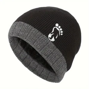 BIGFOOT "footprint" Premium Knit Fleece Lined Beanie Hat, Skull Cap-Black/Gray - Picture 1 of 1