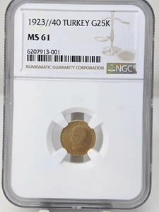 NGC MS61 1923/40 Turkey 25 Kurush Gold Coin *LOW MINTAGE* - Picture 1 of 8
