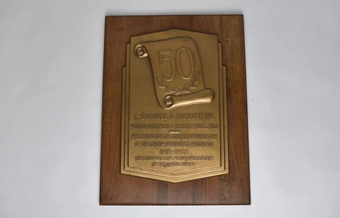 Large Commemorative 1969 Plaque 50 Year L Strauss Sign Vintage Antique Insurance Cover