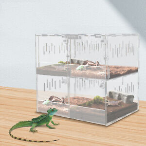 4 Grids Acrylic Reptile Terrarium Transparent Climbing Pet Box & Thermometer NEW