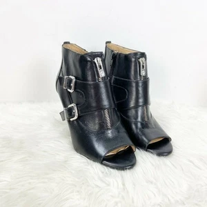Antonio Melani 7 M Womens Black Leather Double Buckle Peep Toe Ankle Booties - Picture 1 of 9