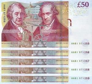 AA61 571255-59 ~ Five UNC Consecutive Bank of England Paper £50 Notes ~ Nov 2011 - Picture 1 of 6