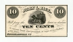 1862 10c John L. Rice - Rensselaerville, NEW YORK Merchant Scrip - Picture 1 of 2