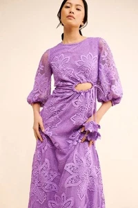 Farm Rio Guipure Cut Out Midi Dress Womens L Lace Eyelet Crochet Purple Vintage - Picture 1 of 11