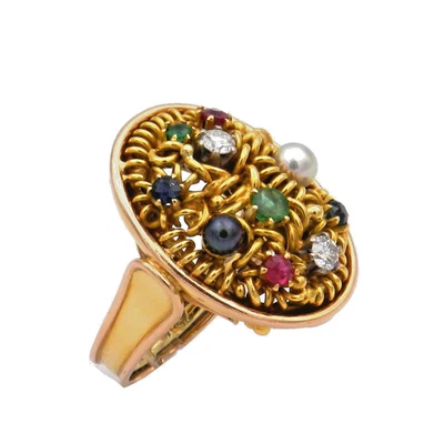 Antiker 585/750 Gold Ring Perlen Diamanten Saphire Smaragde Gemüse Ring um 1930 - Bild 1 von 4