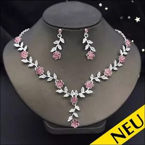 NEU 2tlg. Schmuckset ROSA Blüte COLLIER Braut HALSKETTE Hochzeit OHRRINGE Strass - Bild 1 von 8