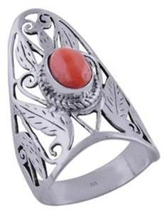 Anillo de plata esterlina 925 5,8 gramos con piedra cabujón de coral talla 8 - Imagen 1 de 2