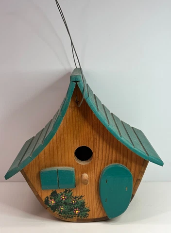 VTG hand painted Decorative Bird House Wood Wooden  with sloped teal roof Cover
