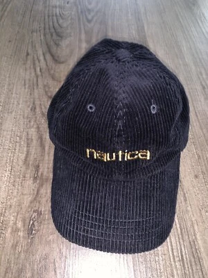 复古 Nautica 灯芯绒带棕色皮革绑带可调节帽子蓝色 80 年代 — 第 1/4 张图片