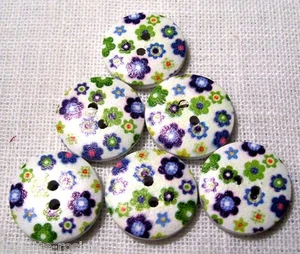 18/103 - BOUTONS BOIS RONDS ** 18 mm ** FLEURS Bleu Vert - Qté x6 ou x10 - Picture 1 of 1