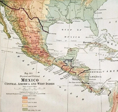 1916 Map Mexico Physical Political Central America West Indies Cuba DWSS15 - Image 1 of 2