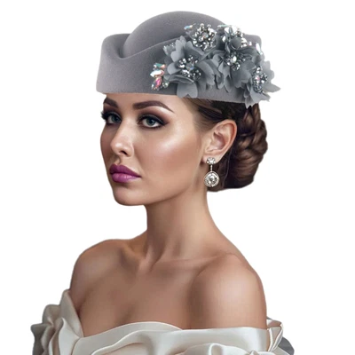 Sombrero de iglesia para mujer con flores artificiales estrás fieltro suave boina sombrero gorra nupcial Foto 1 de 3