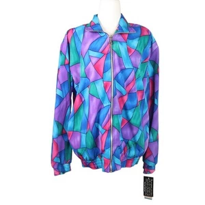 Vintage 90s Teddi blue and purple stained glass abstract print jacket M - Picture 1 of 7