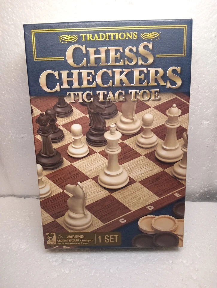 Traditions Chess Checkers Tic Tac Toe Nuevo en Caja Piezas de Ajedrez Selladas.  Nuevo en caja Foto 1 de 3