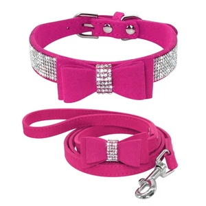 Hot Pink Bling Diamond Rhinestone Pet Puppy Cat Dog Bowtie Collar Necklace &Lead - Picture 1 of 13