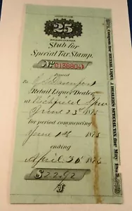 Papel antiguo: talón de sello de impuestos especiales de $25 6-23-1875 para distribuidor minorista de licores - Imagen 1 de 5