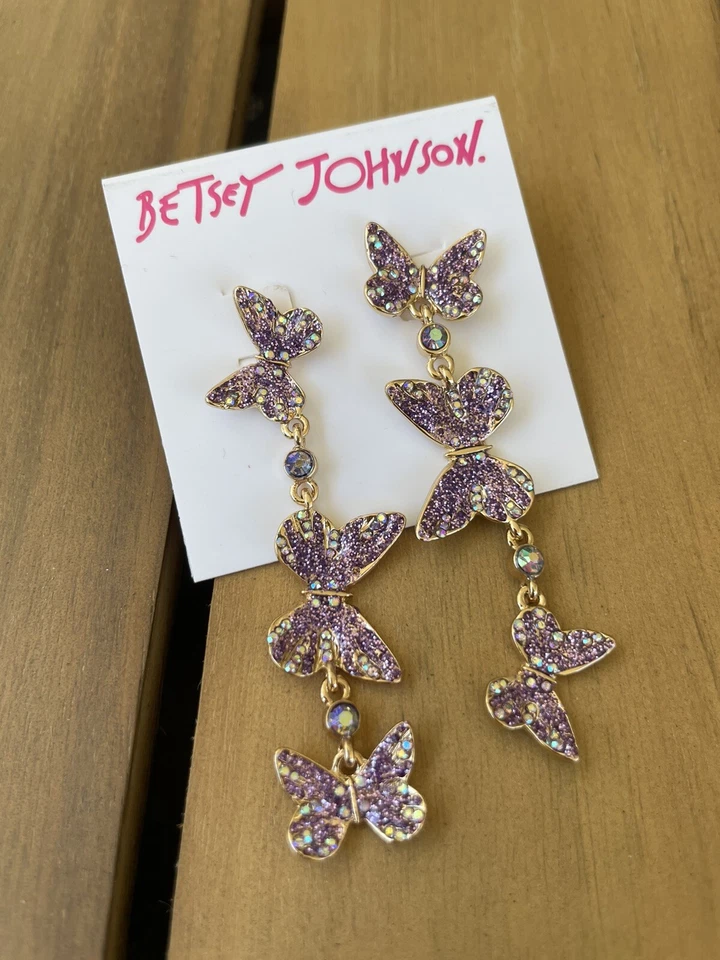 Betsey Johnson Lavender Crystal Butterflies Dangling Drop Earrings P19