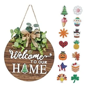 Interchangeable Seasonal Welcome Sign Front Door Decoration, Rustic Round 12" - Picture 1 of 7