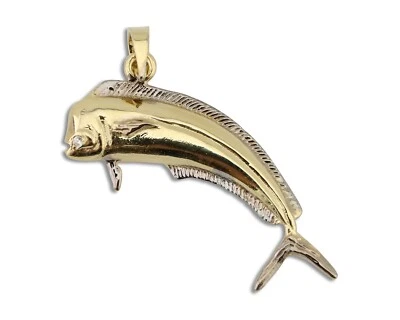 Colgante de pez Mahi Mahi Dorado de oro macizo de 14 k para hombre tamaño mediano 1/2 pulgada x 1 1/2 pulgada Foto 1 de 4