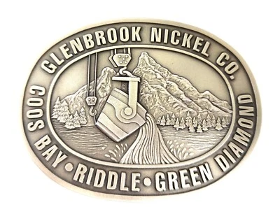 GLENBROOK NICKEL CO Mining Belt Buckle Coos Bay Riddle Oregon Green Diamond NOS - Image 1 of 4