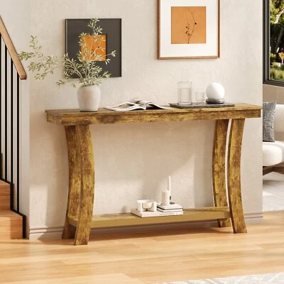 Wood Console Table 2 Tier Retro Accent Sofa Table with Curved Legs Shelf Brown - Image 1 of 4
