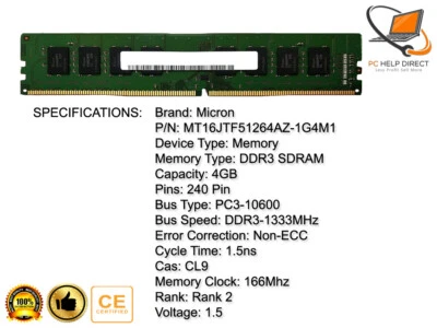 MICRON 4GB 2Rx8 PC3-10600U-9-11-B1 1333MHZ  240PIN UDIMM 1.5V NON ECC UNBUFFERED - Image 1 of 2