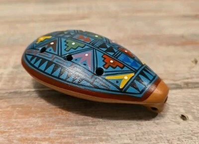 Peruvian Clay Multi-colour Geometric Pattern Folk Art Face Collector Whistle. - image 1 of 4