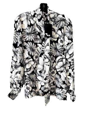 Top THE KOOPLES Talla 1 Pequeño Floral Seda Cuello Corbata Manga Larga Negro Carrera $315 Foto 1 de 4