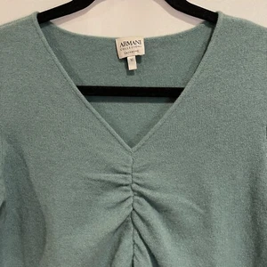 Armani Collezioni 100% Cashmere Sweater Size 10 Sage Green V-Neck Short Sleeve - Picture 1 of 7