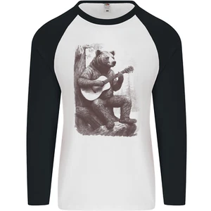 A Cool Bear Playing the Acoustic Guitar Mens L/S Baseball T-Shirt - Picture 1 of 9